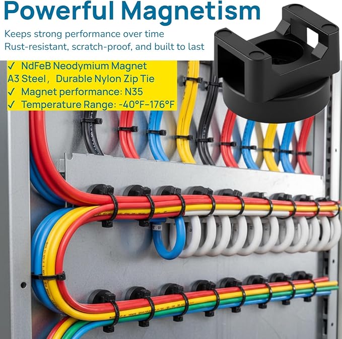 Magnetic Cable Ties Set, 25 Magnetic Zip Tie Mounts with 200 Cable Ties, Strong Wire Holder Cables Management, Multipurpose Electrical Cord Management Cord Holders Organizer (22mm)