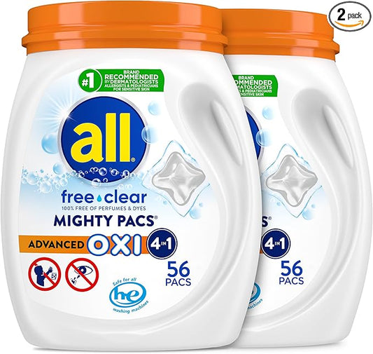 All Free Clear, Advanced OXI, Mighty Pacs, Laundry Detergent Pacs, Stainfighting, Unscented and Hypoallergenic for Sensitive Skin, 56 Count (Pack of 2)