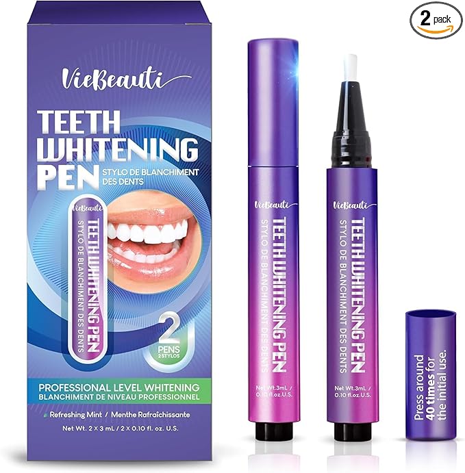 Viebeauti Teeth Whitening Pen Gel, Purple Packaging Tooth Whitener with Carbamide Peroxide for Sensitive Teeth, Precision Whitening Brush Pen for Stain Removal, Travel Size 0.2 Fl Oz