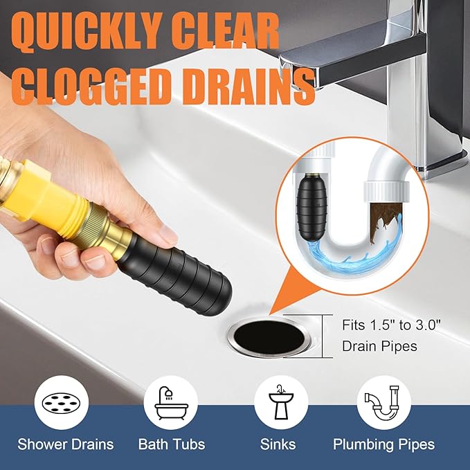 Medium Drain Cleaning Bladder Fits 1.5"–3" Pipes, Drain Bladder Unclogger for Bathroom Sinks, Showers, Swimming Pool Drains, Kitchen Sinks and Main Drains