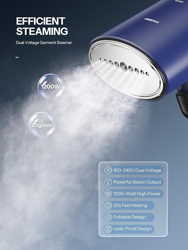 Travel Steamer for Clothes, Reemix Garment Steamer with Dual Voltage 100-240V for Wordwide Use, Foldable Handheld Garment Fabric Wrinkle Remover and Steam Iron 2-in-1, 20 Second Fast Heat-up (Blue)