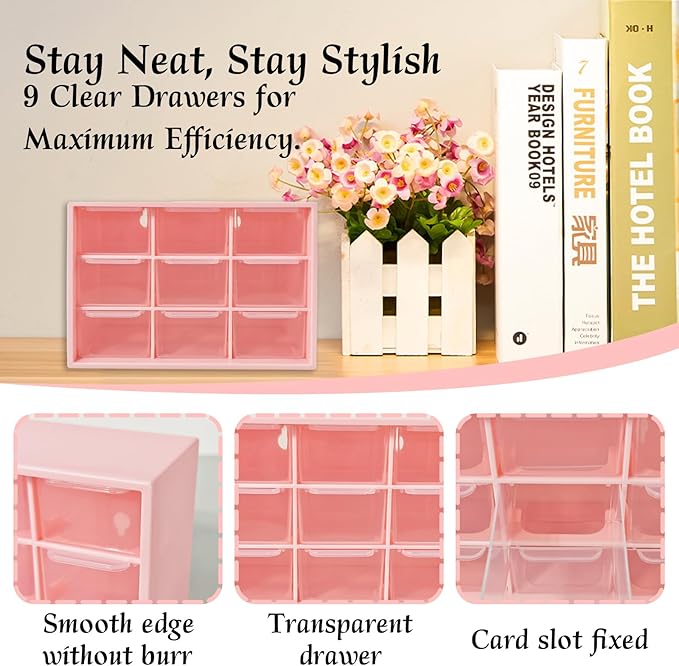 Small Drawer Organizer for Desk, 7.1" x 3.8" x 4.6" Mini Desktop Drawer Organizer with 9 Clear Drawers, Compact Craft & Office Supplies Organizer for Home School (Pink)