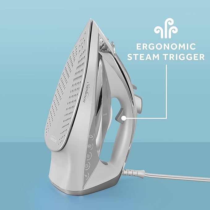 Sunbeam Turbo Steam Iron, 1700 Watt, Nonstick Ceramic Soleplate, Horizontal or Vertical Shot of Steam, Quick Heating, 3-Way Auto-Off, White and Chrome,9.3"L x 3.7"W