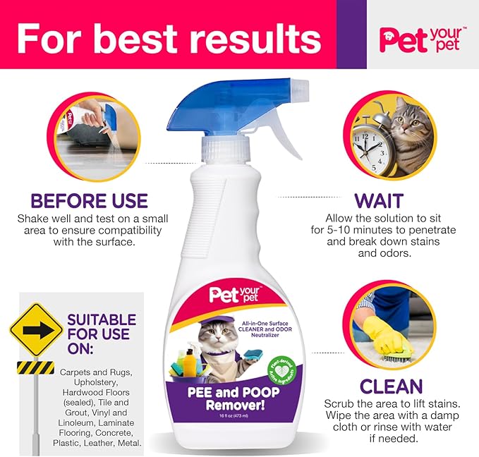 Cat Pee and Poop Remover 16 fl Oz – All-in-One Pet Stain and Odor Remover with Plant-Derived Ingredients – Stain and Odor Removers for Upholstery, Carpets & Hard Floors