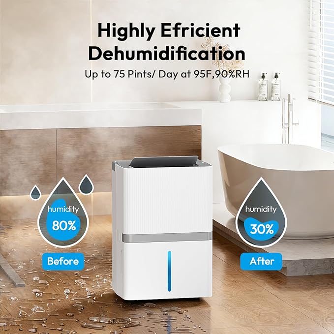5000 Sq.Ft Dehumidifier for Basement and Home, 75 Pints Most Efficient Energy Star 2025 Dehumidifier with Drain Hose, Smart Humidity Control, 24H-Timer, for Bedroom, Bathroom, Large Room