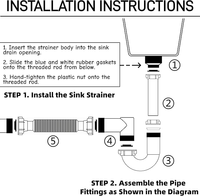 Complete Kitchen Sink Drain Kit with 3-1/2 Inch Strainer Assembly, 1-1/2" P-Trap Plumbing Pipe, Universal Flexible Drain for Wall or Floor Outlet, Includes Basket, Gaskets & Tailpiece