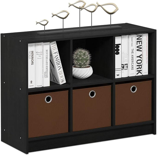 Furinno BASIC Book Shelf, 6-Cube Bookshelf with Open Shelf, 3 x 2 Bookcase with Storage Bins, Closed Back, Horizontal, 11.9" x 31.6" x 23.6", for Living Room, Bedroom, Home Office, Americano