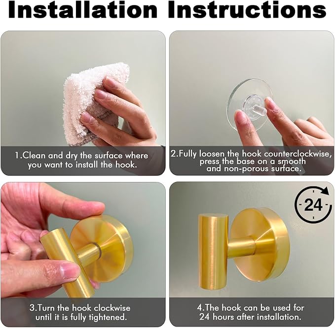 6 PCS Suction Cup Shower Towel Hooks, Wall Mount Robe Holder, Heavy Duty No Drill Wall SUS304 Waterproof Stainless Steel Hooks for Bedroom, Bathroom, Kitchen, Hotel and Office (Brushed Golden)