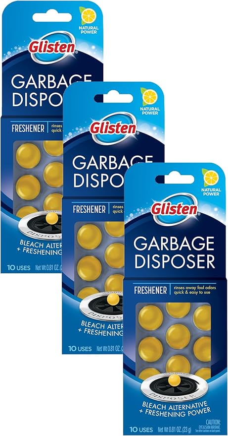 Glisten Disposer Care Freshener, Odor Eliminator, Quick & Easy-to-Use Garbage Disposal Freshener, Lemon Scent, 10 Use (Pack of 3)