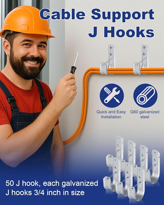 2" Galvanized Steel J-Hooks, Heavy Duty Wall Mount Cable Support J Hook with Retainer Clip for Cable Management (50 PCS)