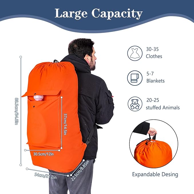 Sanlykate Canvas Backpack Laundry Bag - Extra Large Durable Dirty Clothes 2-3 Days Capacity with Adjustable Shoulder Strap & Front Pocket, for College Dorm, Apartment, Laundromats, Camping Travel