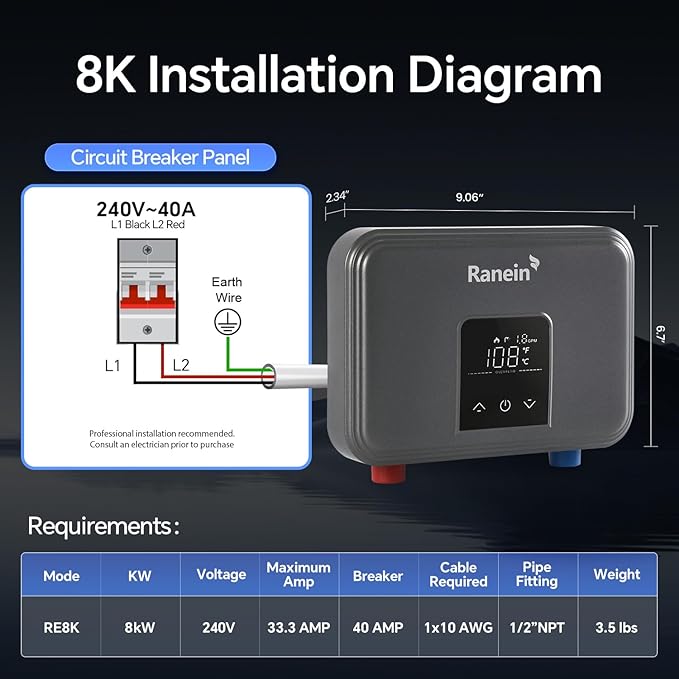 GEN II Ranein Electric Tankless Water Heater Ultra Edition, 8kW, 240V, On Demand Instant Endless Water Heater with LED Display, Point of Use, Compact Under-sink Design for Bathroom and Kithcen