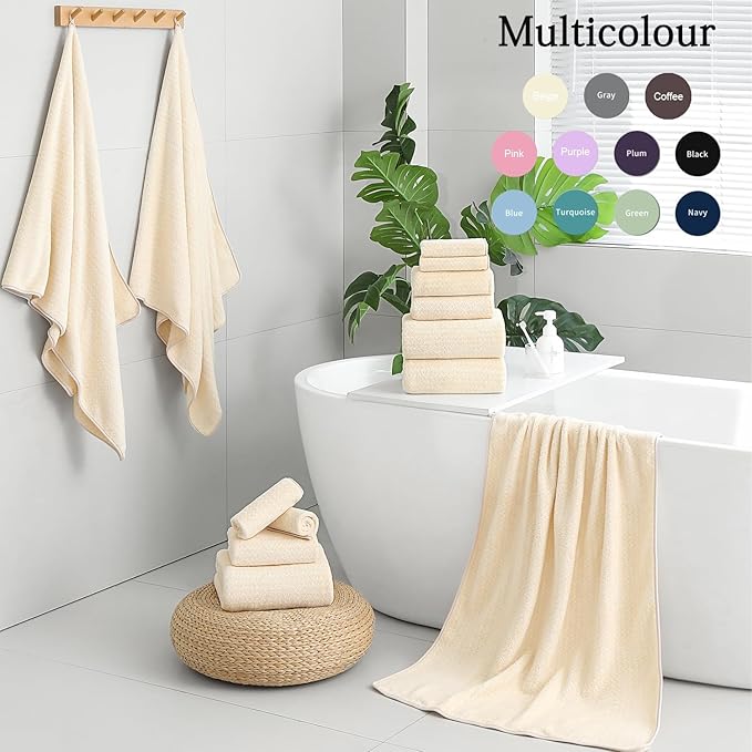 Ycosy 18 Piece Bath Towels Set,100% Microfiber Family Bathroom Towel with Hanging Loops-6 Bath Towels,6 Hand Towels,6 Washcloths,Quick Dry Highly Absorbent Shower Towel for Bathroom,Hotel,Spa-Beige