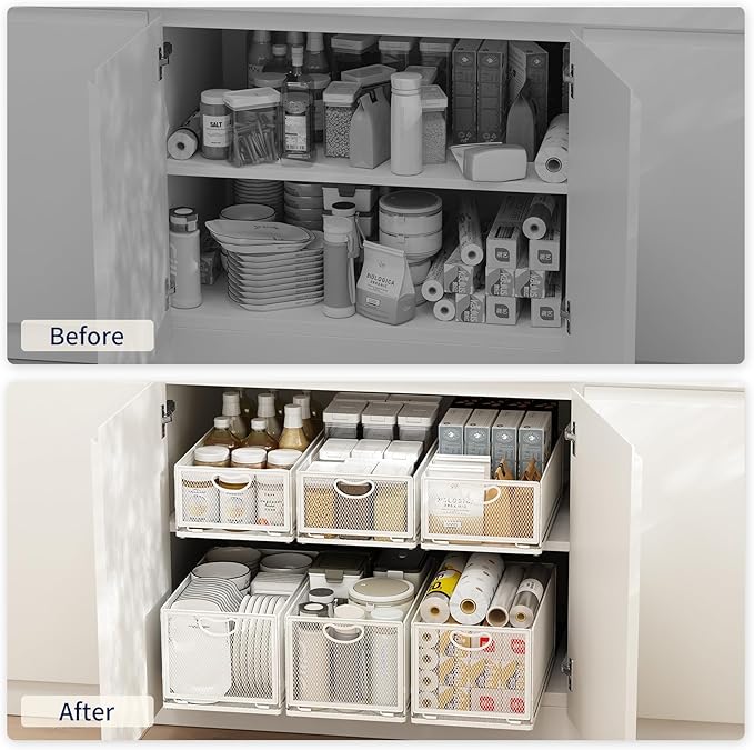 Pull Out Cabinet Organizer, No Drill Adhesive Sliding Drawers for Kitchen, Metal Mesh Wire Storage Shelf for Pantry & Under Sink, White (9.6" W x 11.8" D x 6.1" H)