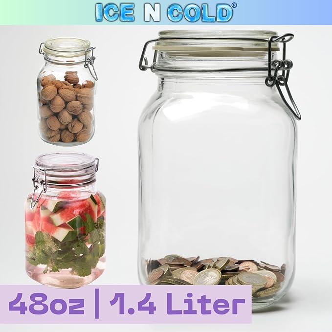 Airtight Glass Storage Jars with Clamp Lid – Food Storage Containers with Rubber Gasket Seal – Pantry & Kitchen Canisters for Dry Goods, Coffee, Sugar, Pasta – 0.4L to 4L Sizes (4, 48oz | 1.4L)