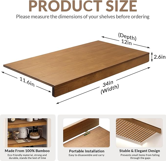 Wire Shelf Covers, Bamboo Wire Rack Covers for Pantry, Closet (5pcs, 34" W x 12" D)