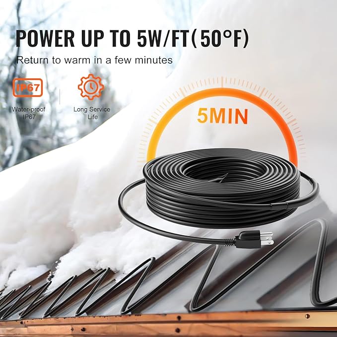 VEVOR Self-Regulating Pipe Heating Cable, 100FT 5W/FT Heat Tape for Pipes, Roof Snow Melting De-icing, Gutter and Pipe Freeze Protection