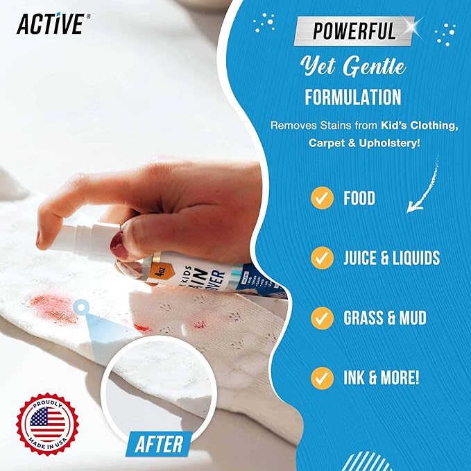 ACTIVE Messy Kids Stain Remover and Enzyme Laundry Booster - Includes 12oz Kids Stain Removal Spray and 2LB Enzyme Laundry Booster Powder