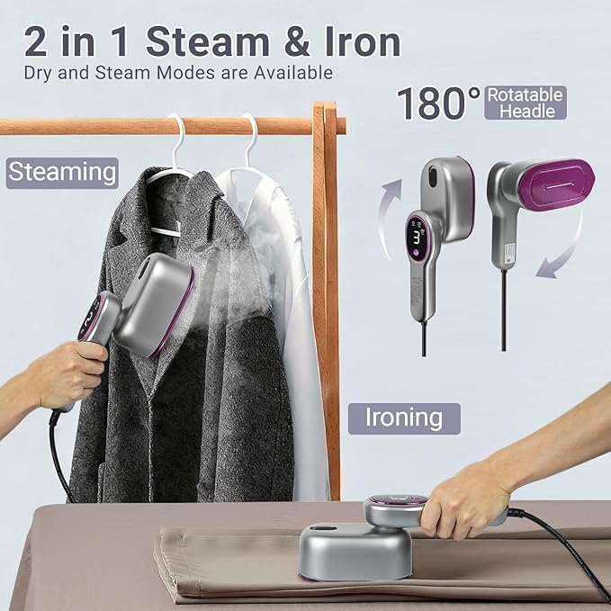 Travel Steamer for Clothes, 1200W Portable Handheld Garment Steamer with Touch Screen, Large Ceramic Panel, 15-Second Fast Heat-Up with 5 Modes, Ironing for Home and Travel