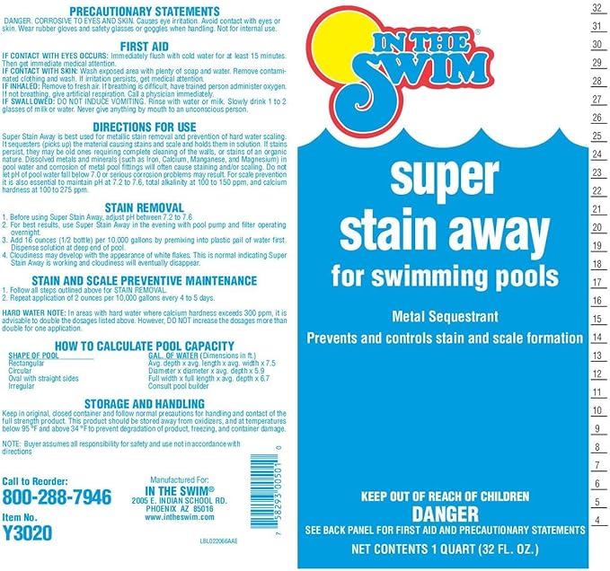 In The Swim Super Stain Away - The Ultimate Swimming Pool Stain Remover – Prevents Stains, Scaling, and Build-Up in Swimming Pools - 1 Quart - 2 Pack