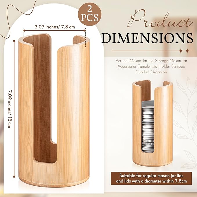 Suclain 2 Pcs Mason Jar Lid Organizer Bamboo Vertical Mason Jar Lid Storage Accessories Tumbler Lids Holder Cup Lids Organizer for Home Kitchen Countertop Cupboard(Only for Regular Mouth)