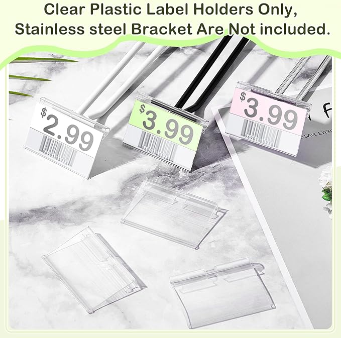 Tatuo 100 Pcs Reusable Plastic Wire Shelf Label Holders, Price Card Sign for Pantry Retail Supermarket Merchandise Shopping Mall Shop Ticket Display Holder Clip on Design, 2.36" L x 1.65" H (Clear)