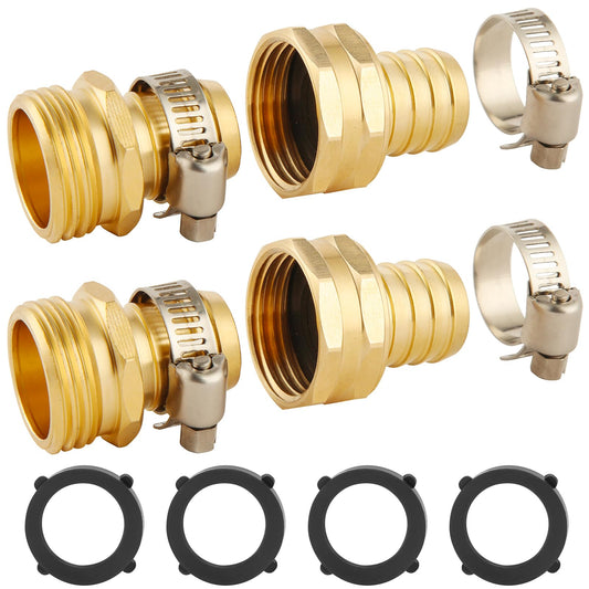 2 Set 3/4 Inch Brass Garden Hose Repair Connector Kit with Clamp - Image 1