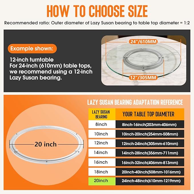 Heavy Duty Lazy Susan Turntable Bearing 20 Inch, 500lbs Capacity Rotating Swivel Plate for Round Table, Heavy Duty Swivel Base for Dining Room Kitchen