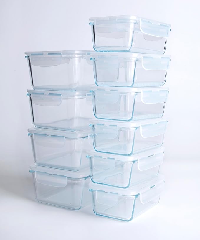 Borosilicate Tempered Glass Food Storage Containers with Lids, [10 Pack] Airtight Lunch Containers. Microwave, Oven, Freezer and Dishwasher Safe.