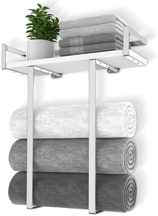 Xstydes Wall-Mounted Towel Rack with Wooden Shelf, Silver
