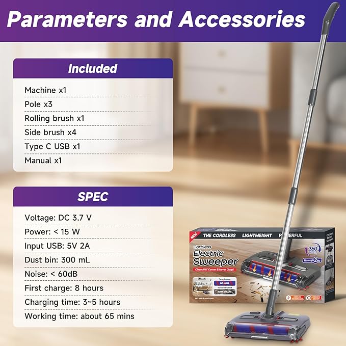 Swivel Cordless Sweeper,Floor Cordless Sweeper, Cordless Electric Sweeper Rechargeable Cordless Sweeper, 360 Direction, Hard Floor Sweeper Roller Sweeper for Home Crumbs,Kitchen, pet Hair,
