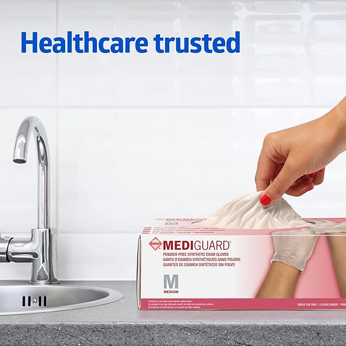 Medline MediGuard Vinyl Exam Gloves, 150 Count, Medium, Powder Free, Disposable, Not Made with Natural Rubber Latex, All-purpose Medical Tasks