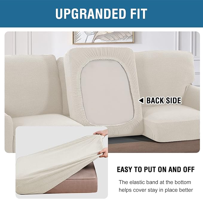 H.VERSAILTEX Multi-Pieces Sofa Covers Stretch Couch Covers Form Fitted Seats and Back Cushions Covers (3 Seat Covers Plus 3 Back Cusion Covers, Bonus 2 Armrest Covers), Ivory