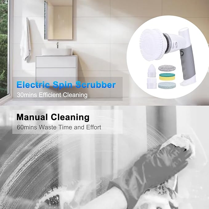 Electric Spin Scrubber, 18W 420RPM Handheld Cordless Cleaning Brush with 6 Brush Heads for Kitchen, Bathroom, IPX6 Water Proof Power Scrub Brush for Bathtub Sink Tile Floor (US