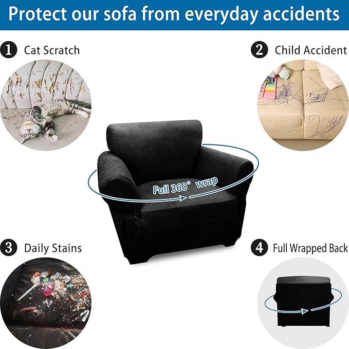 Single Sofa Cover Leather Look Chair Covers for Living Room 1-Piece Sofa Chair Covers with Arms Stretch Furniture Protector with Elastic Bottom & Pockets(Armchair, Black)