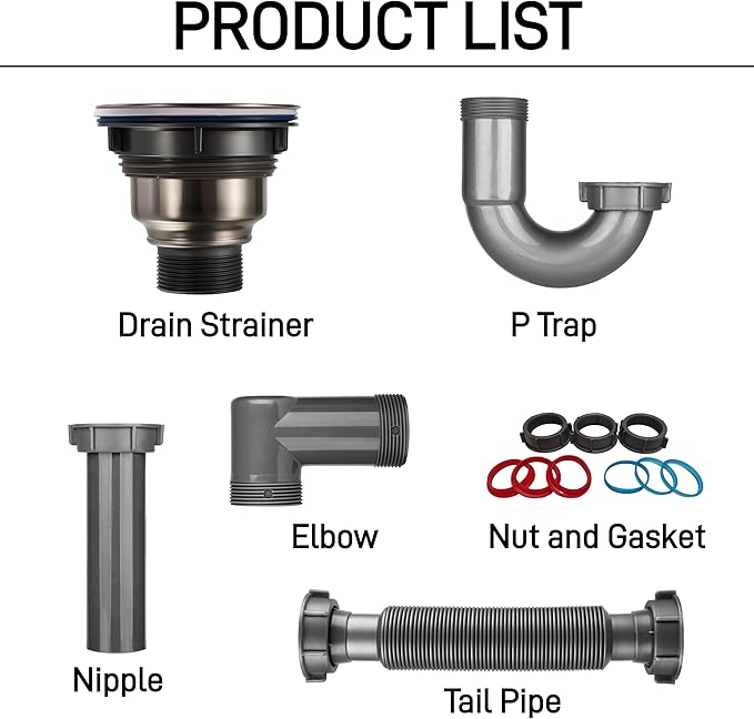 Complete Kitchen Sink Drain Kit with 3-1/2 Inch Strainer Assembly, 1-1/2" P-Trap Plumbing Pipe, Universal Flexible Drain for Wall or Floor Outlet, Includes Basket, Gaskets & Tailpiece