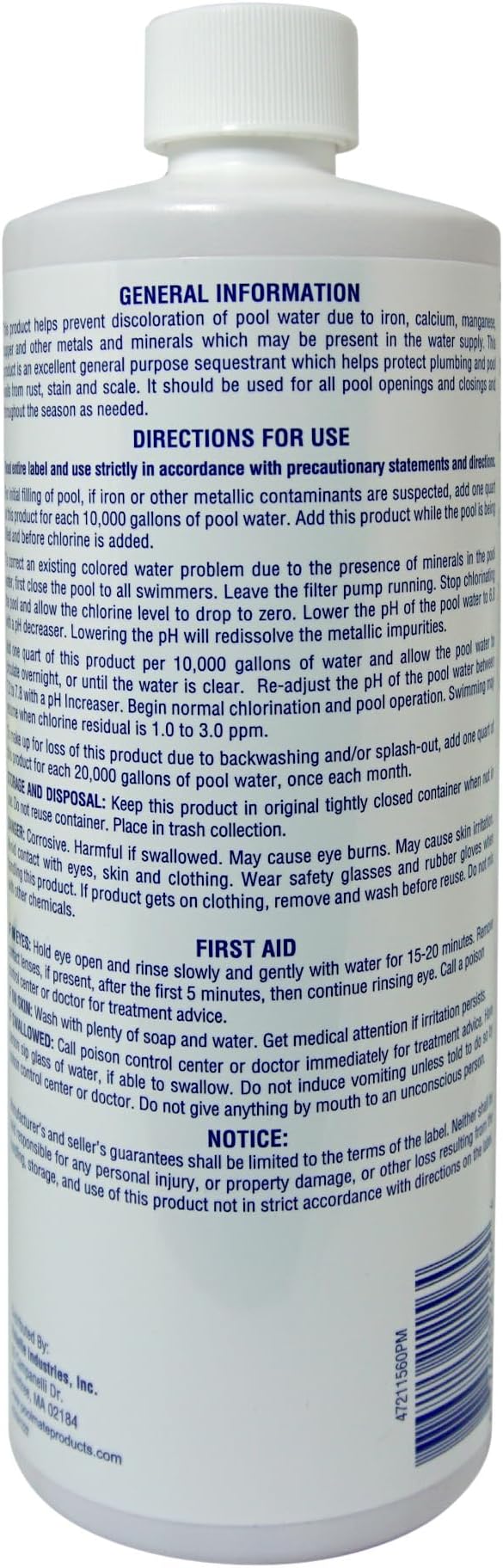 Pool Mate 1-Quart Concentrated Metal Out Stain and Mineral Inhibitor, Pool Metal Remover, Stain Remover, Made in USA