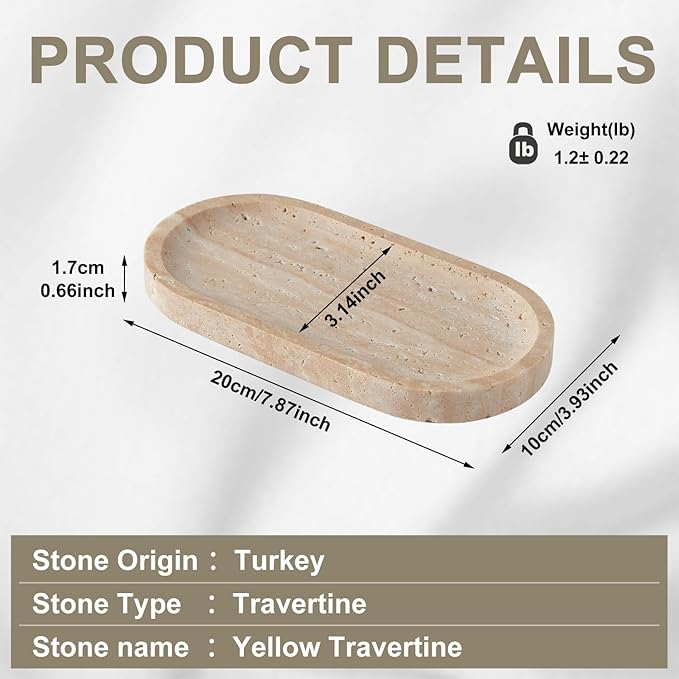 Travertine Tray, Marble Tray for Bathroom countertop,Non-Ceramic/Non-Resin，Stone for Storing Perfume, Cosmetics and Jewelry 8 * 4.7inch （Travertine）