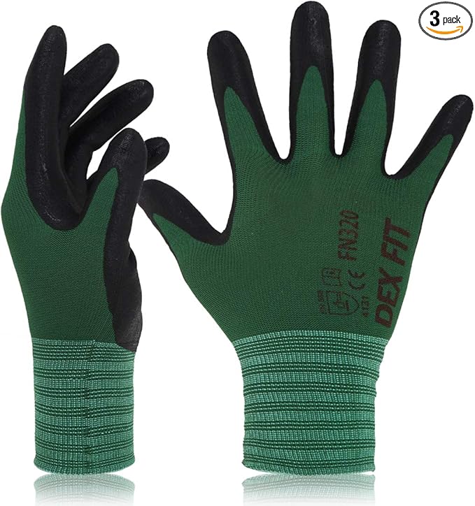 DEX FIT Premium Nylon Nitrile Work Gloves FN320, 3 Pairs, 3D-Comfort Stretchy Fit, Firm Grip, Thin & Lightweight, Durable, Breathable & Cool, Machine Washable; Forest Green 9 (L)