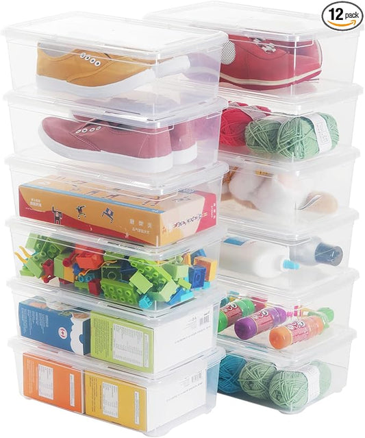12 Pack 6 Quart Stackable Plastic Storage Shoebox, BPA-Free Nestable Container to Organize Shoes, See-Through Box for Home and Office, Multi-Purpose Storage Case (Transparent)