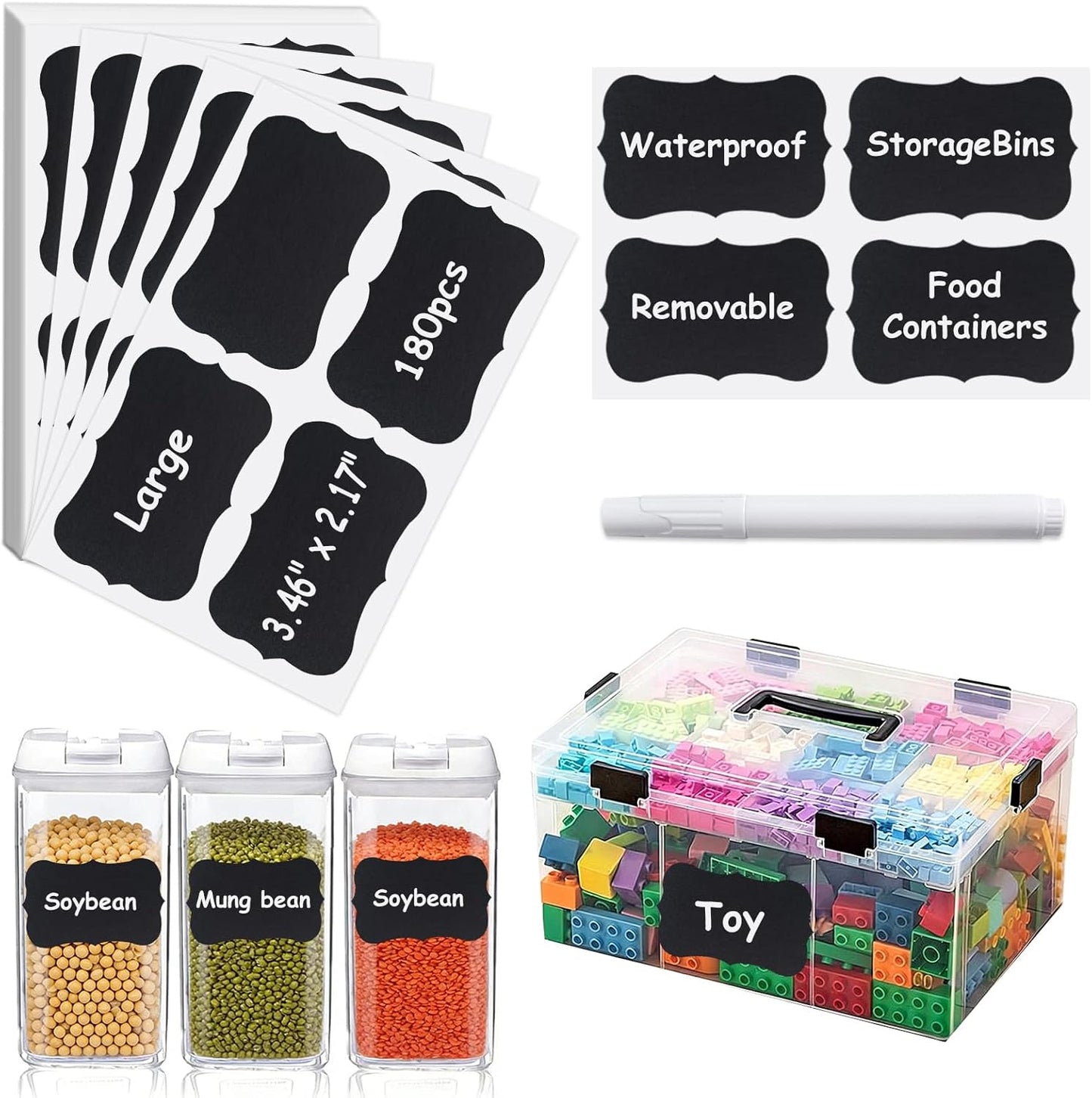 180PCS Chalkboard Labels-3.4" x 2.1" Large Size Reusable Blackboard Stickers with 1 Liquid Chalk Markers for Mason Jars, Storage Bins,Craft Rooms,Food Containers and Pantry Storage