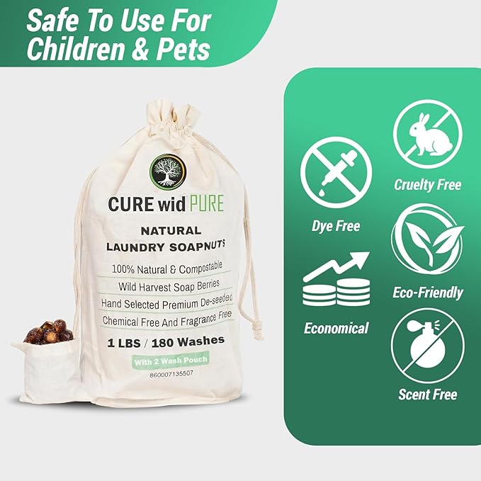 Cure Wid Pure Organic Soap Nuts Deseeded 1lb/450g With 2 Wash Bag Approx 180 Loads,Eco-friendly Soap Nuts Laundry Detergent,Chemical & Fragrance-free Organic Soap Berries Non-toxic Laundry Detergent
