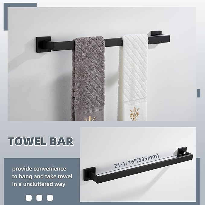 Bathroom Hardware Set Matte Black, Angle Simple Stainless Steel Bath Accessory Kit, 4 Pieces - Towel Hook, Toilet Paper Holder, Towel Holder and Towel Bar