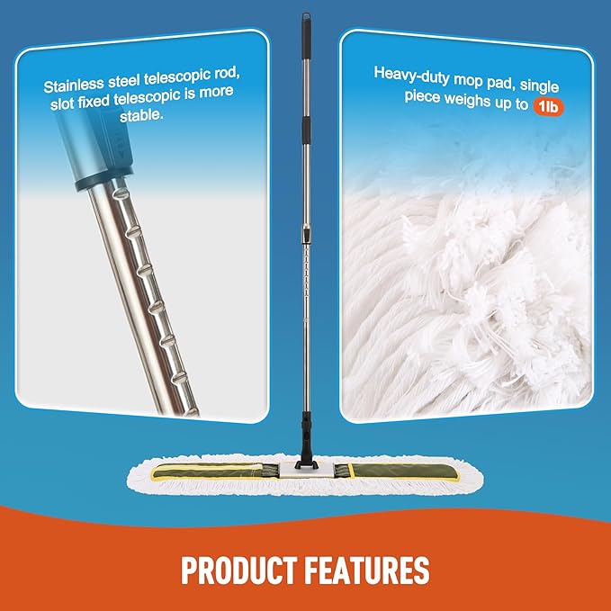36" Commercial Dust Mop for Hardwood Floors, Tile, Laminate & Concrete - Heavy Duty Industrial Mop with Telescopic Handle, 2 Washable Microfiber Pads, Cleaning for Home, Warehouse, Office
