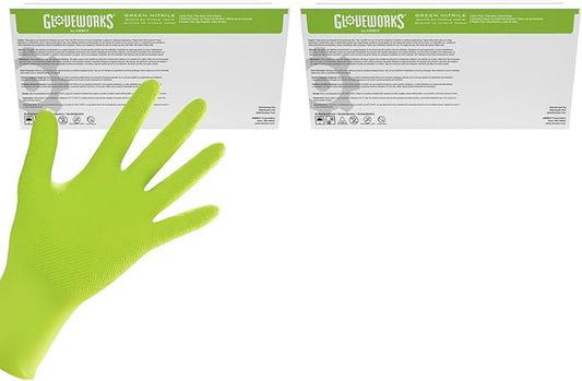 GLOVEWORKS HD Green Gloves, 8 Mil Nitrile Disposable Heavy Duty Raised Diamond Grip Mechanic Glove, Bulk Purchasing Options
