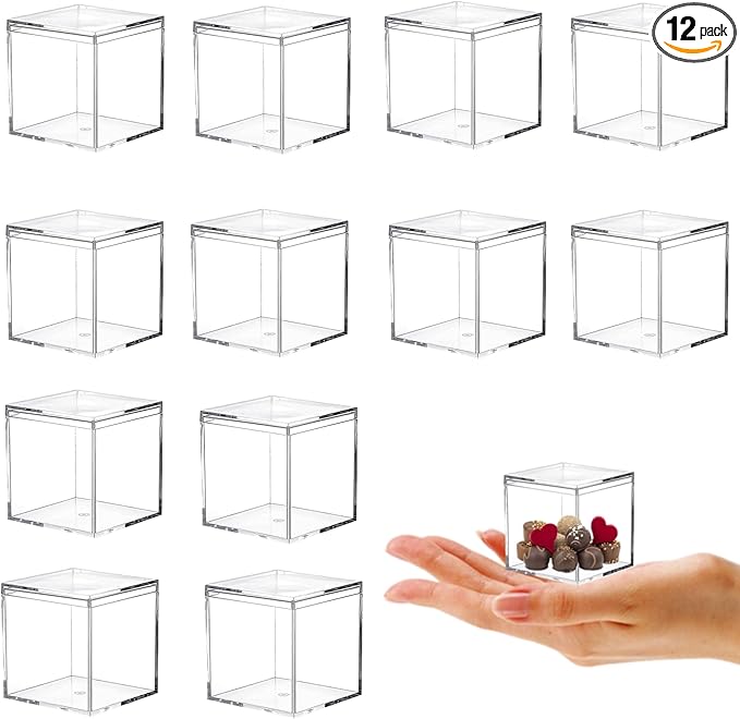 KissYou Acrylic Box Small Clear Boxes with Lid 12 Packs Small Easter Candy Box Display Square Cube Wedding Birthday Easter Party Decorative Boxes