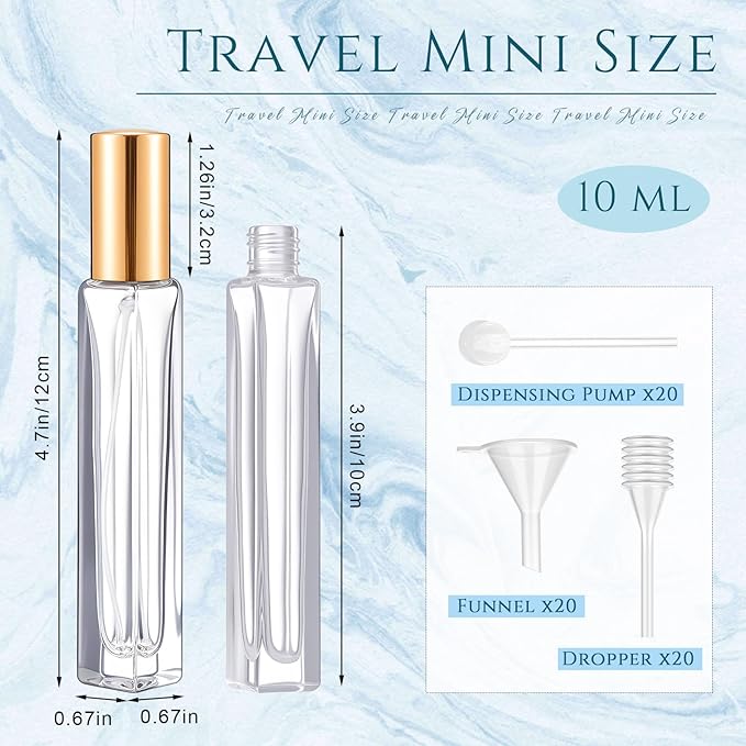 Domensi 20 Pcs 10/20/30 ml Perfume Travel Refillable Bottles Glass Spray Bottle Perfume Atomizer for Cologne Dispenser Leak-proof Fragrance Bottles Atomizer Pump Bottle Kit (Gold)
