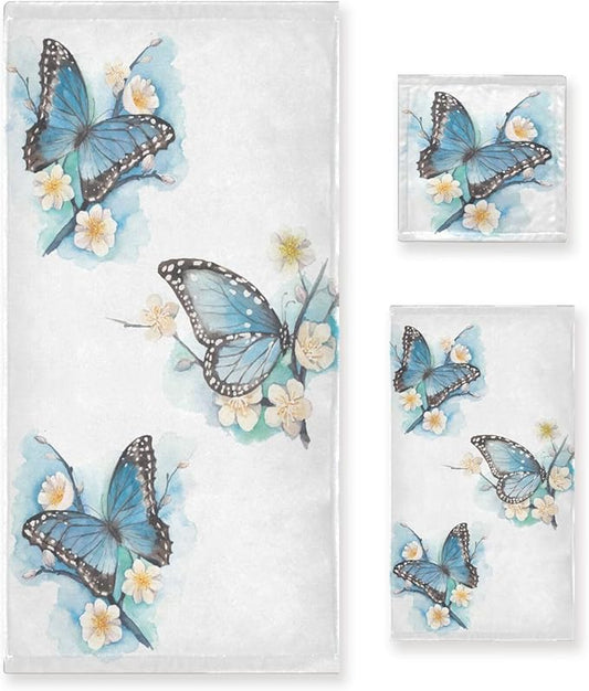 Blue Butterfly Bath Towels Set,Ultra Soft 3 Piece Watercolor Blossom Plum Branch Chic Floral Towels for Bathroom,1 Bath Towel 1 Hand Towel 1 Washcloth,Absorbent Decoractive Bathroom Towels