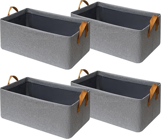 SNWDN 4 Pack Closet Cloth Storage Bins for Shelves,Medium Storage Baskets for Shelves, Fabric Bins for Closet organization with Handles（ Gray 15''L x 10''W x 8''H）