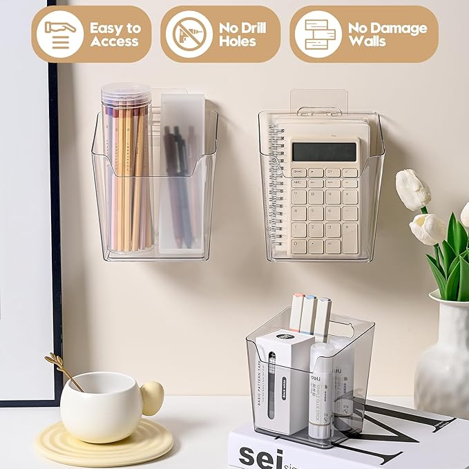 2-Pack Kitchen Cabinet Door Organizer Adhesive, Hanging Storage Bins, Stick on Small Wall Storage Container, Bathroom Floating Shelf Under Sink Caddy Spice Rack for Pantry Organizer, Office, Dorm